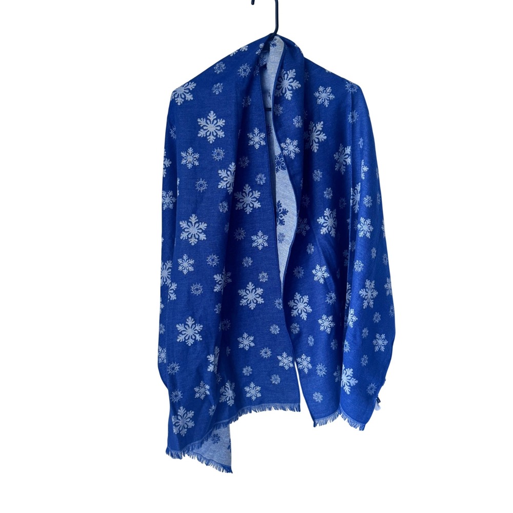 Talbots Blue Reversible Snowflake Scarf Cotton Blend Frayed Fringe Winter Wrap